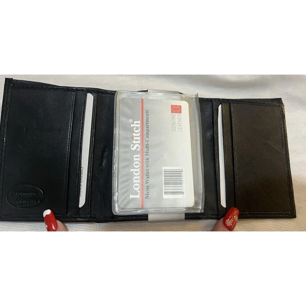 London Stitch Men's Trifold Black ‎ Genuine Leather Billfold